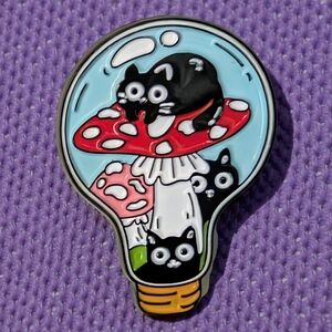 Cute Cat and Mushroom Light Bulb Enamel Pin